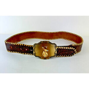 BELT KANSAN brown leather Cowboy Western Deer Belt Buckle Detachable 35"